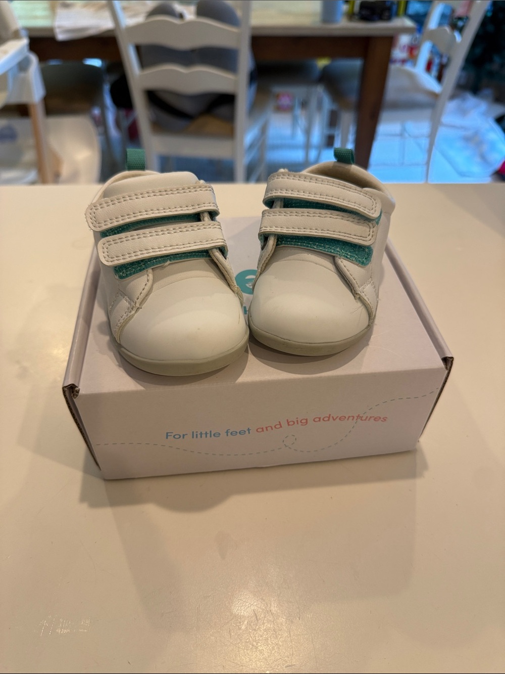 Ten Little White Baby Walker Shoes with Teal Accent - Easy Velcro Closure